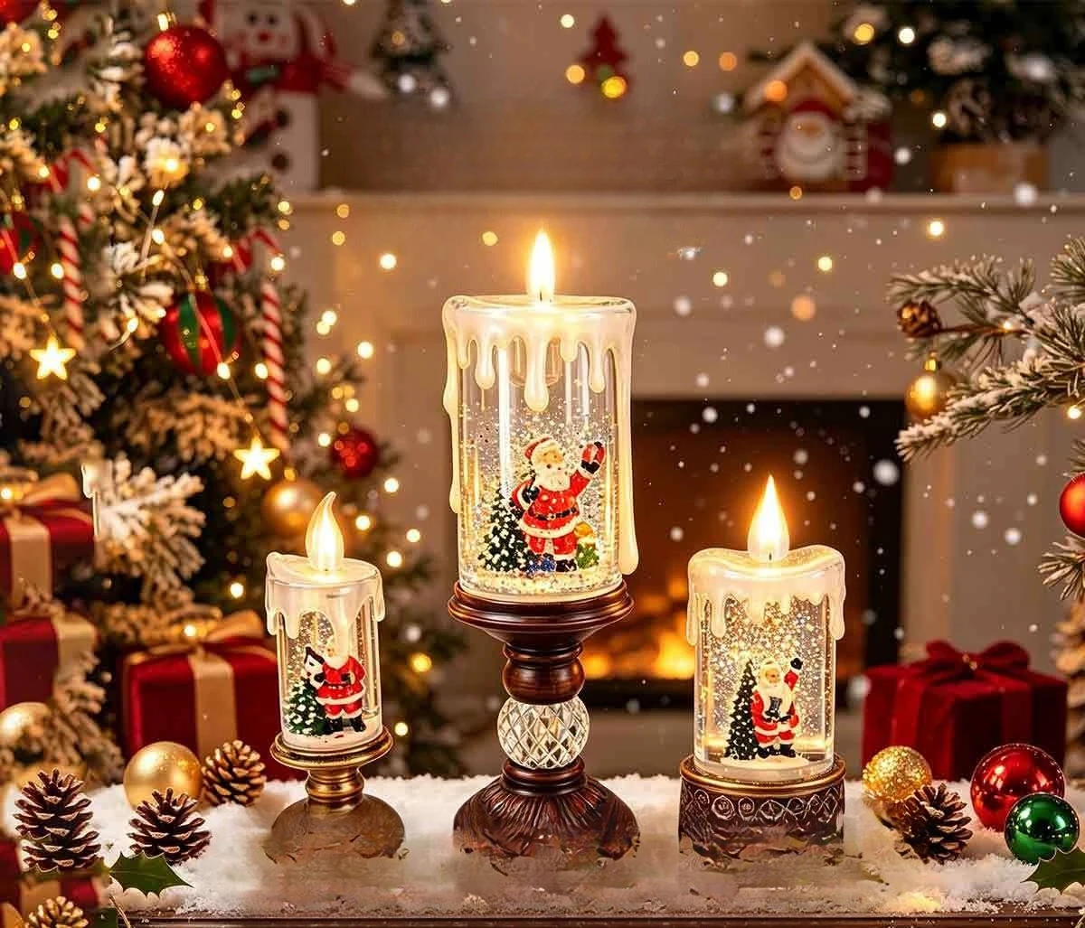 LED Water Injection Snow Globe Candle with Santa, Automatic Snowing Tabletop Light, Christmas Party & Mall Window Decoration