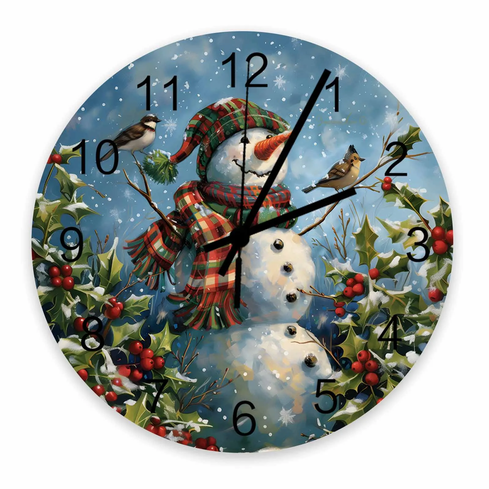 Christmas Snowman Plant Red Fruit Bird Wall Clock Large Modern Kitchen Dinning Round Wall Clocks Bedroom Silent Hanging Watc