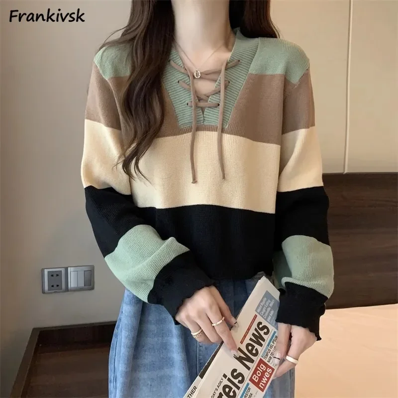 

Striped Sweaters Women Contrast Color Temperament Graceful Lace-up Retro Knitwear Cropped Advanced Korean Style Long Sleeve Ins