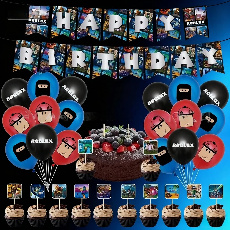 Neue ROBLOX Thema Geburtstag Party Liefert Ballon Anzug Banner Einsatz Flagge Spielzeug Jungen Und Mädchen Szene Spielzeug Liefert