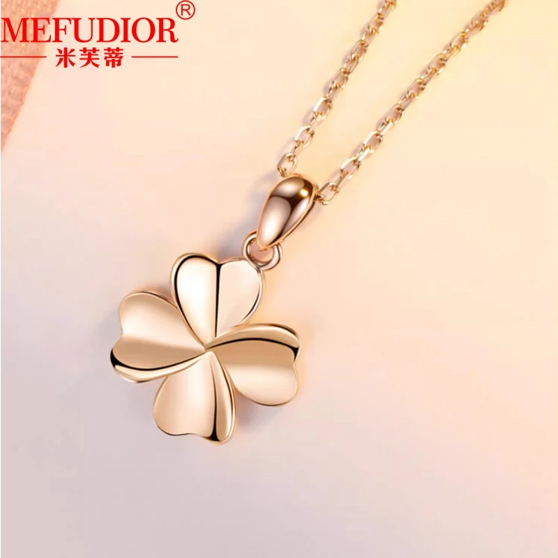 18k  Gold Four Leaf Pendant Necklace 45cm Rose Gold Color Chain Clover Fashion Jewelry Set for Women Girlfriend Party Gift