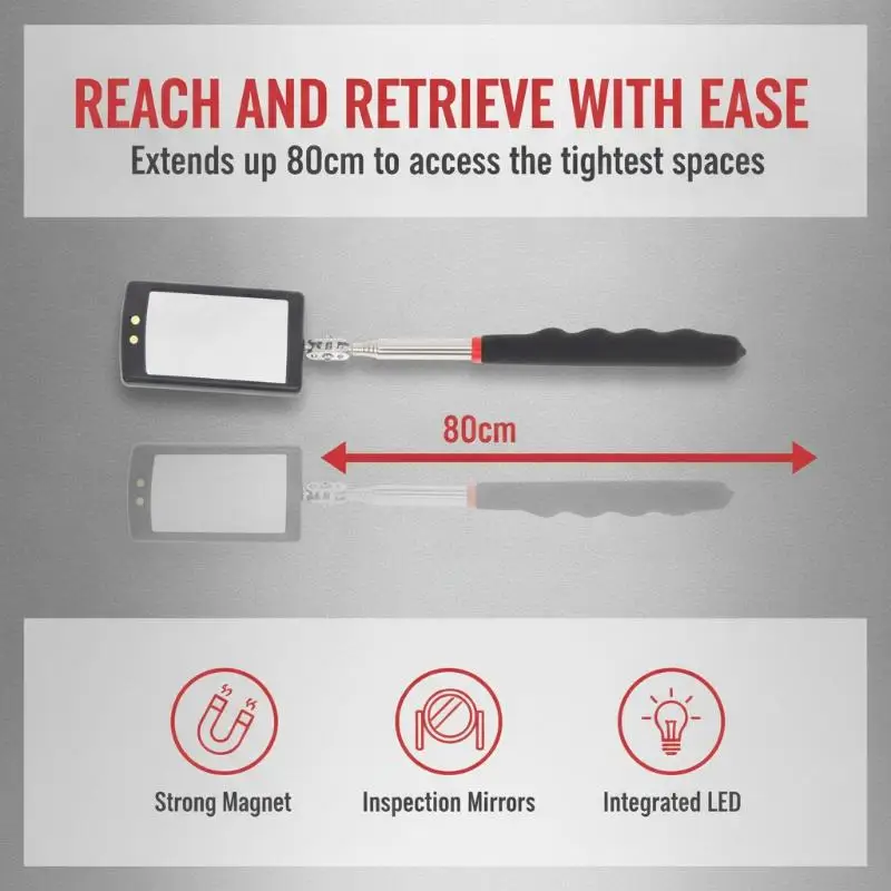 360 Swivel Telescoping Car LED Inspection Mirror Flexible Auto Check Tool for Vehicle Repair Mechanics Workshop