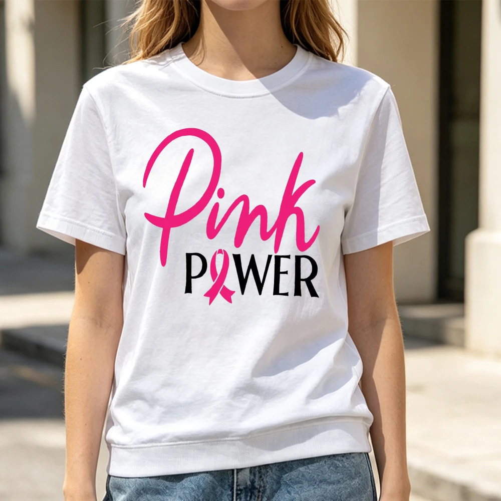 2026 Pink Power Breast Cancer Awareness Ribbon Graphic Women's Summer Cotton T-Shirt Casual Support Gift Women Clothing