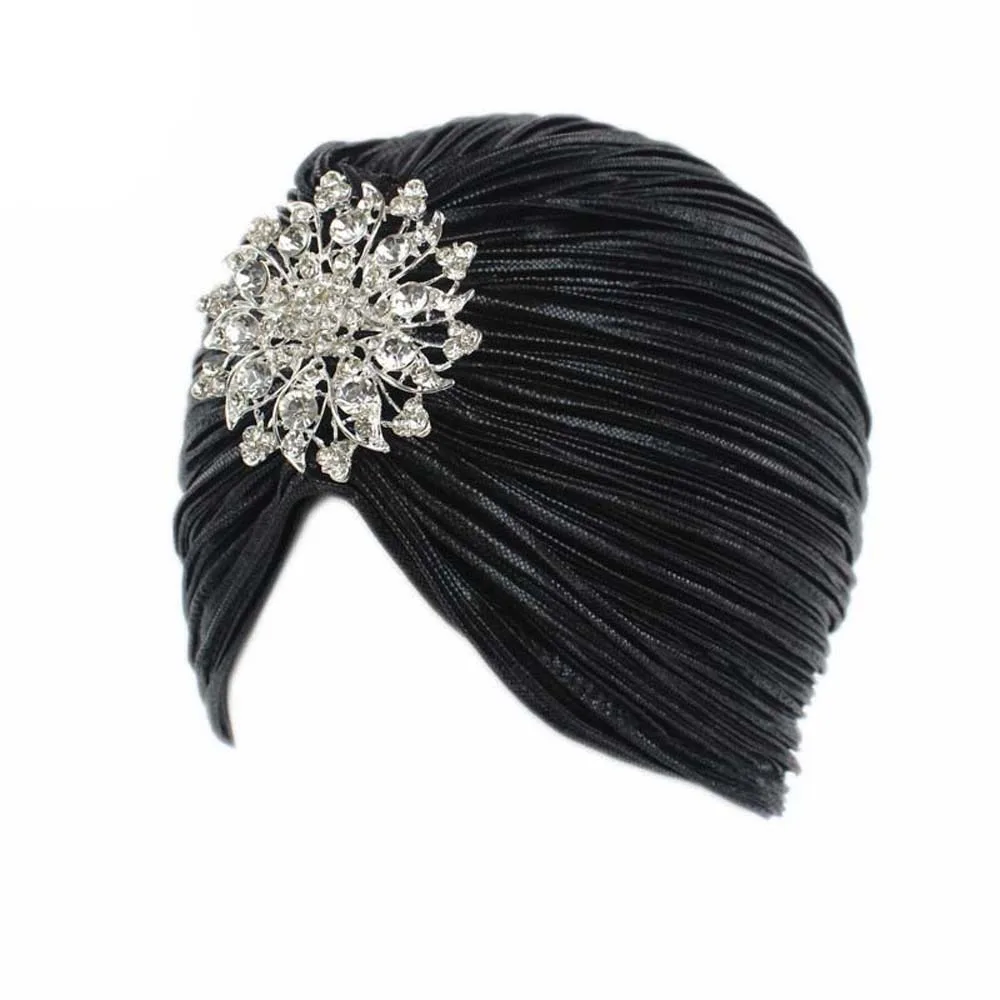 

Fashion Pleated Women Turban Cap Chemo Cap Bandana Luxury Indian Hat with Brooch Head Wrap Elastic Beanies Autumn Spring