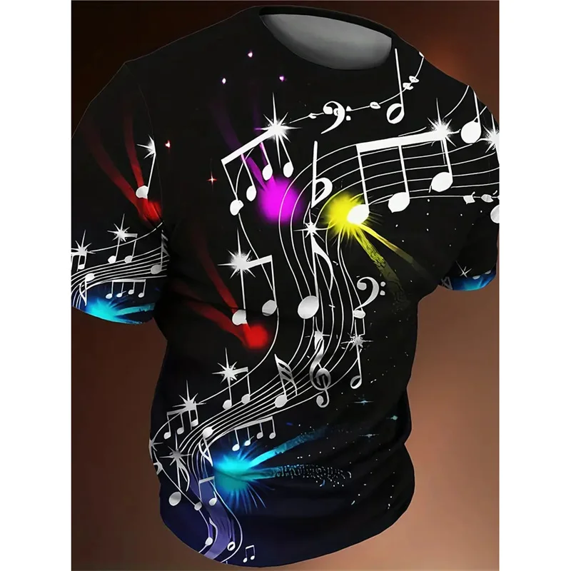 3D Printed Musical Note Art Guitar T-Shirt For Men Pop Music Pattern T Shirts Summer Casual Tees Round Neck Tops Short Sleeves