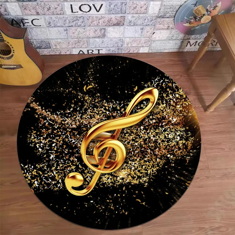 Round Rug with Microphone & Guitar Notes Print, Golden Accent Floor Mat for Living Room, Studio or Home Decor