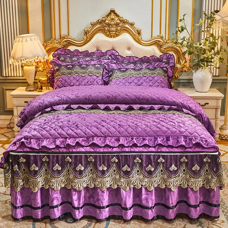 AI WINSURE-Quilted Velvet Duvet Cover Set, Double Bed King Size, Embroidery Lace Luxury Bedding Set, with 2 Pillowcases, Soft