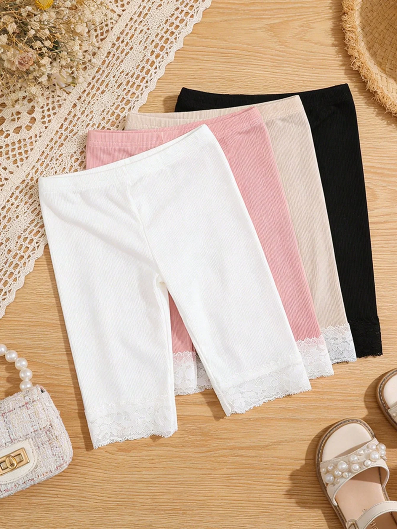 4-teiliges Set Mädchen-Leggings mit Spitzenbesatz und Streifenmuster, Leichte, Atmungsaktive Sommer-Leggings für den Alltag von Kindern