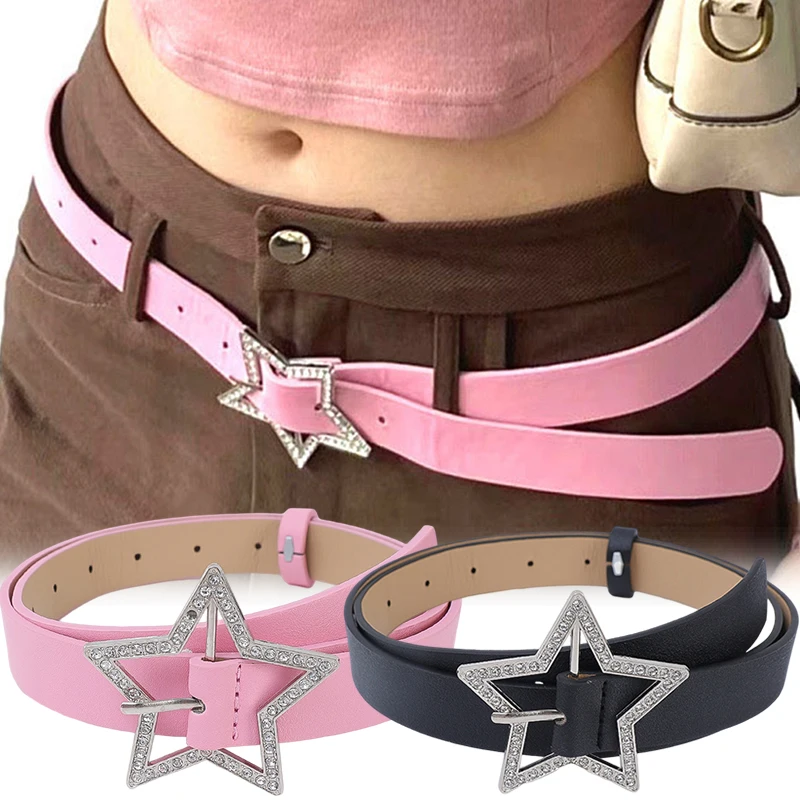 

Korean Spicy Girl Pink PU Leather Belt Metal Fashion Buckle Five-point Star Full Drill Waistband Women Y2K Versatile Decoration