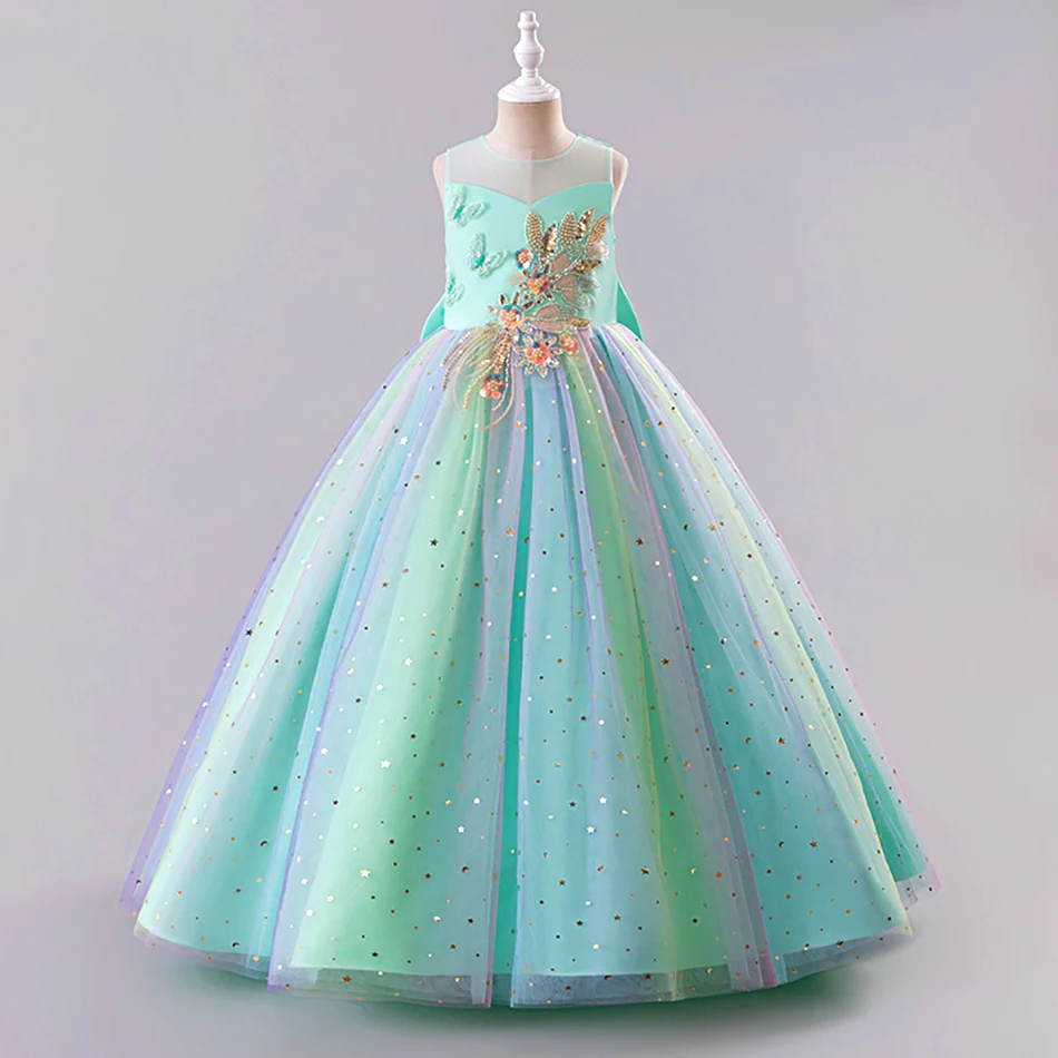 Children Party Dress for Girls Elegant Princess Tutu Dress Rainbow Tulle Ball Gown for School Performances Kids Pageant Clothes