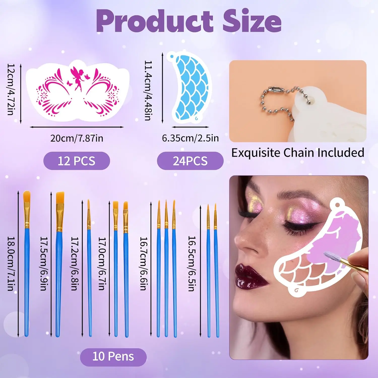 58PCS Face Painting Kit,36 Reusable Facial Painting Stencils, 8 Sheets Tattoo Templates Stickers, 4 Gem Stickers, 10 Brushes