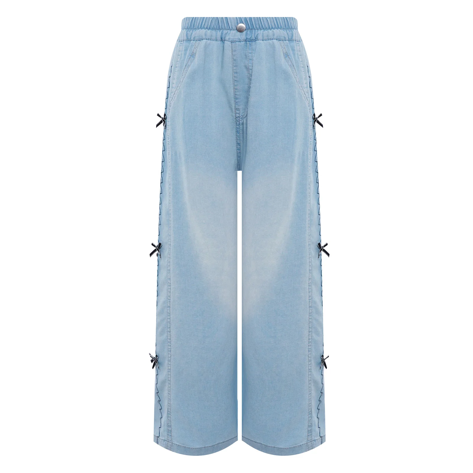 

Kids Girls Jeans Pants Casual Summer Cute Bowknots Elastic Waistband Wide-Leg Denim Pants with Pockets for Park Picnic Holiday