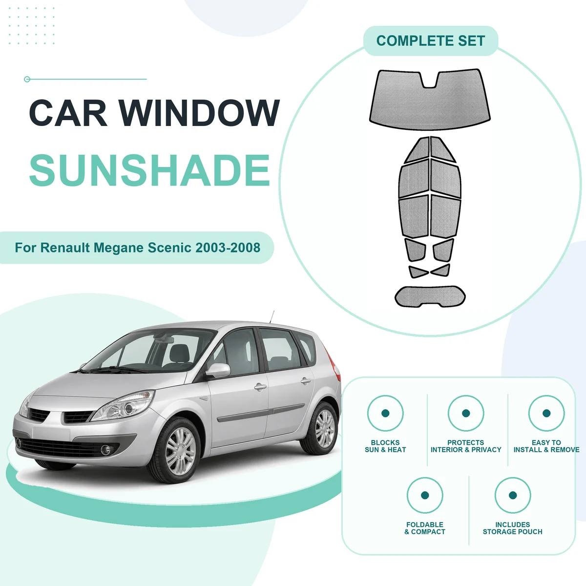 For Renault Megane Scenic 2003-2008 Custom Full Set Window Sunshades Aluminum Foil Suction Cup Anti UV Privacy
