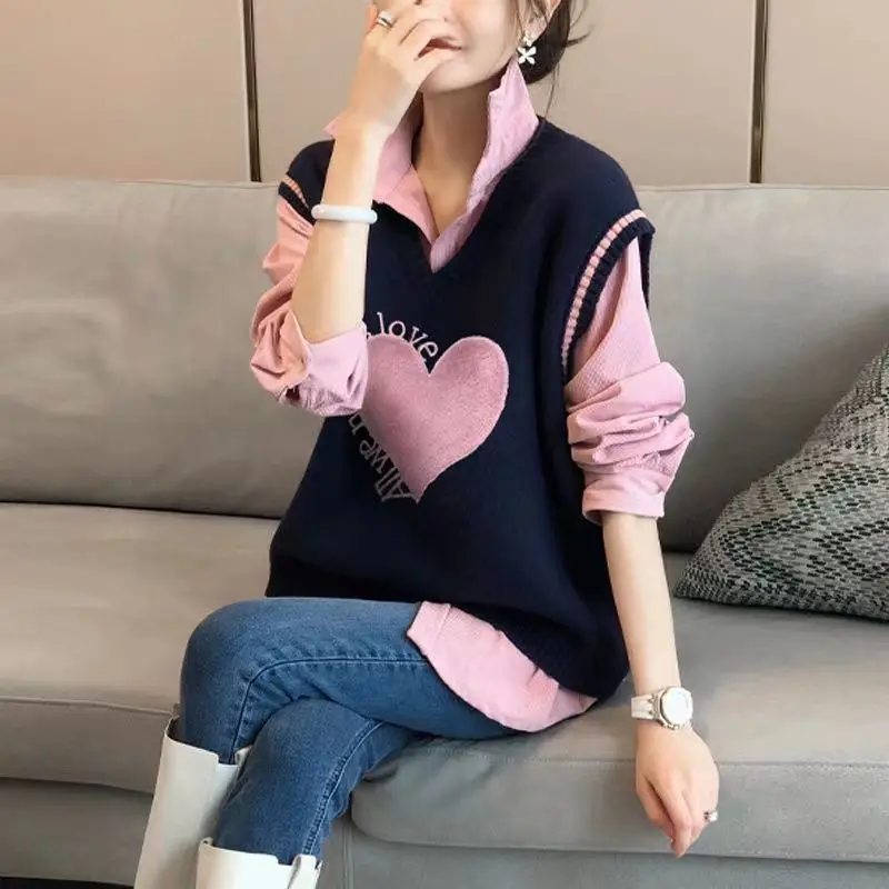 Streetwear Polo-Neck Blouse Stylish Sleeveless V-Neck Sweater Vest Two Piece Set 2023 Autumn Winter Casual Loose Spliced Jumpers