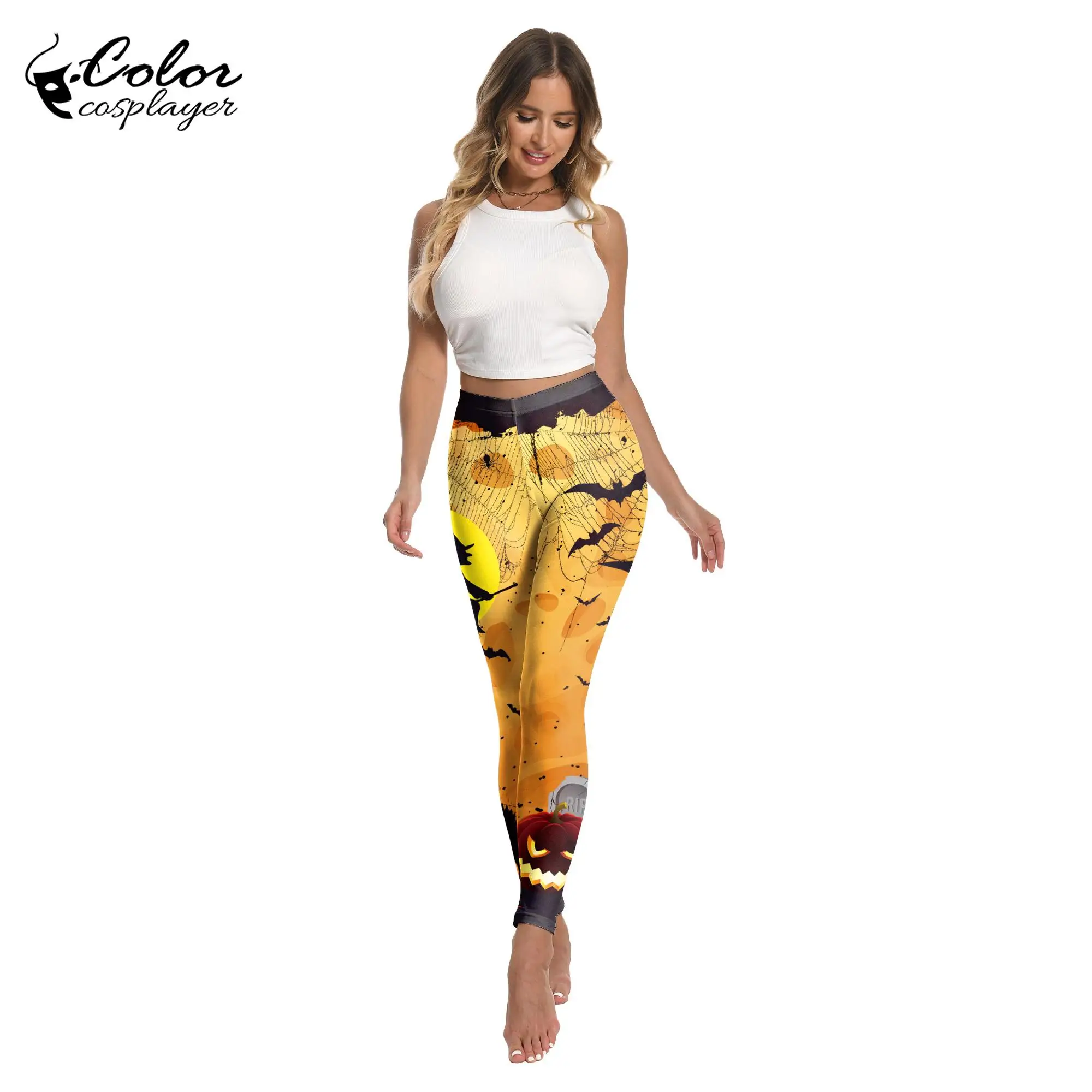 Color Cosplayer Halloween Legging for Women Pants Holiday Party Skinny Trousers Carnival Pumpkin Bat Pattern Cosplay Costume