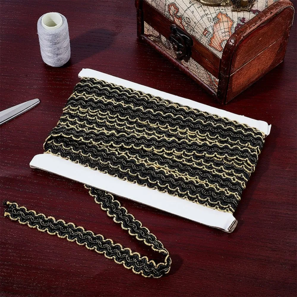 13 ياردة حواف جديلة سوداء 15 مللي متر/0.6 بوصة شريط زخرفي من البوليستر المنسوج من الدانتيل حافة سلك ذهبي على شكل حرف S