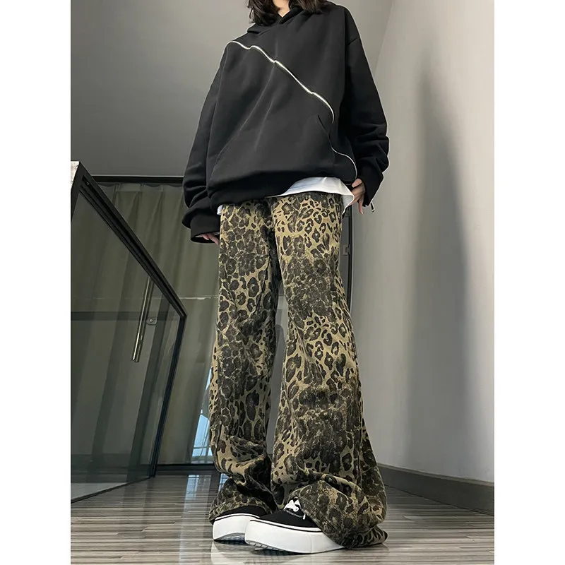 

Men's Straight Leg Loose Wide Leg Jeans Leopard Print American High Street Cleanfit Trousers Fall New Style Youth Fashion