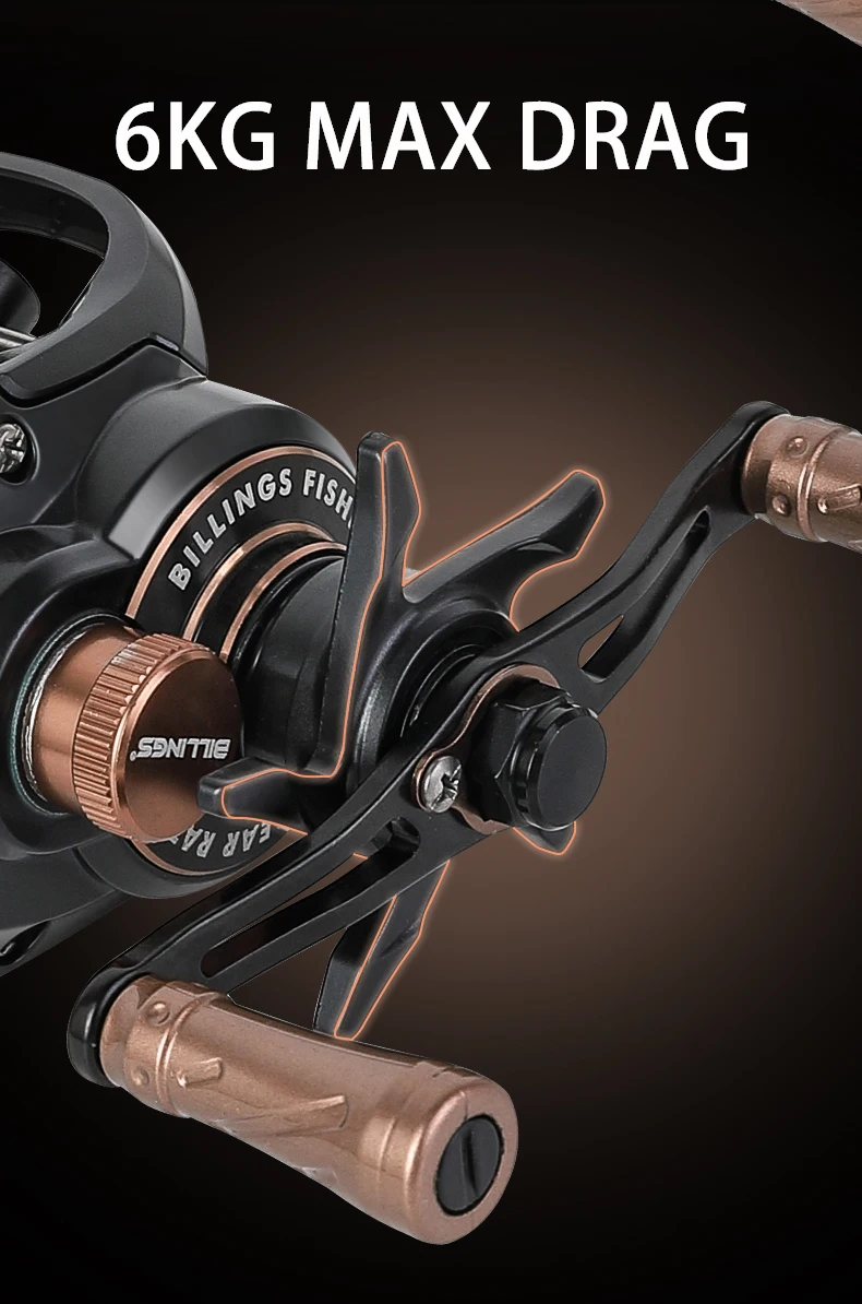 BILLINGS Baitcaster-Rolle 7.2:1 Baitcasting-Angelrolle 6KG Bremskraft Magnetisches Bremssystem Carretilha De Pesca für Süß- und Salzwasser – Detail 5