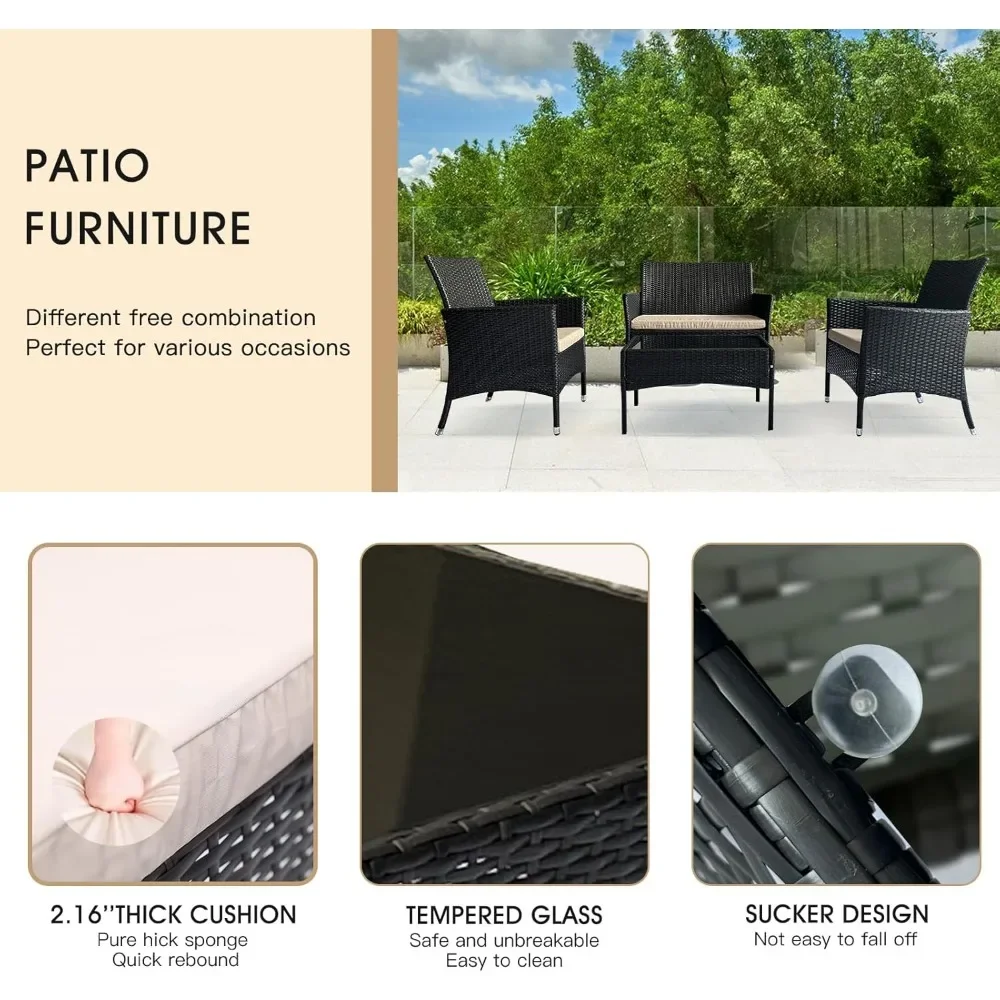 Conjunto de móveis de terraço com mesa e cadeiras, sofá de vime com poltrona e mesa de vime, 4 peças