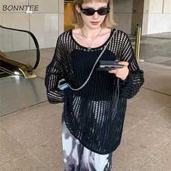 Pullovers Women Lazy Style Sun-proof Knitted Hollow Out Korean Fashion Sweet Sexy Girls Thin Long Sleeve Summer Streetwear Baggy