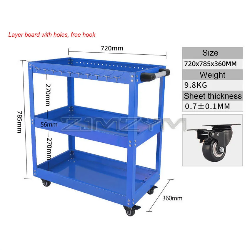 Tool Trolley Toolbox Tool Cart With Mute Wheels Workshop Holder Cabinet Garage Workbench Adjustable Shelf Free Hooks 3 Layer