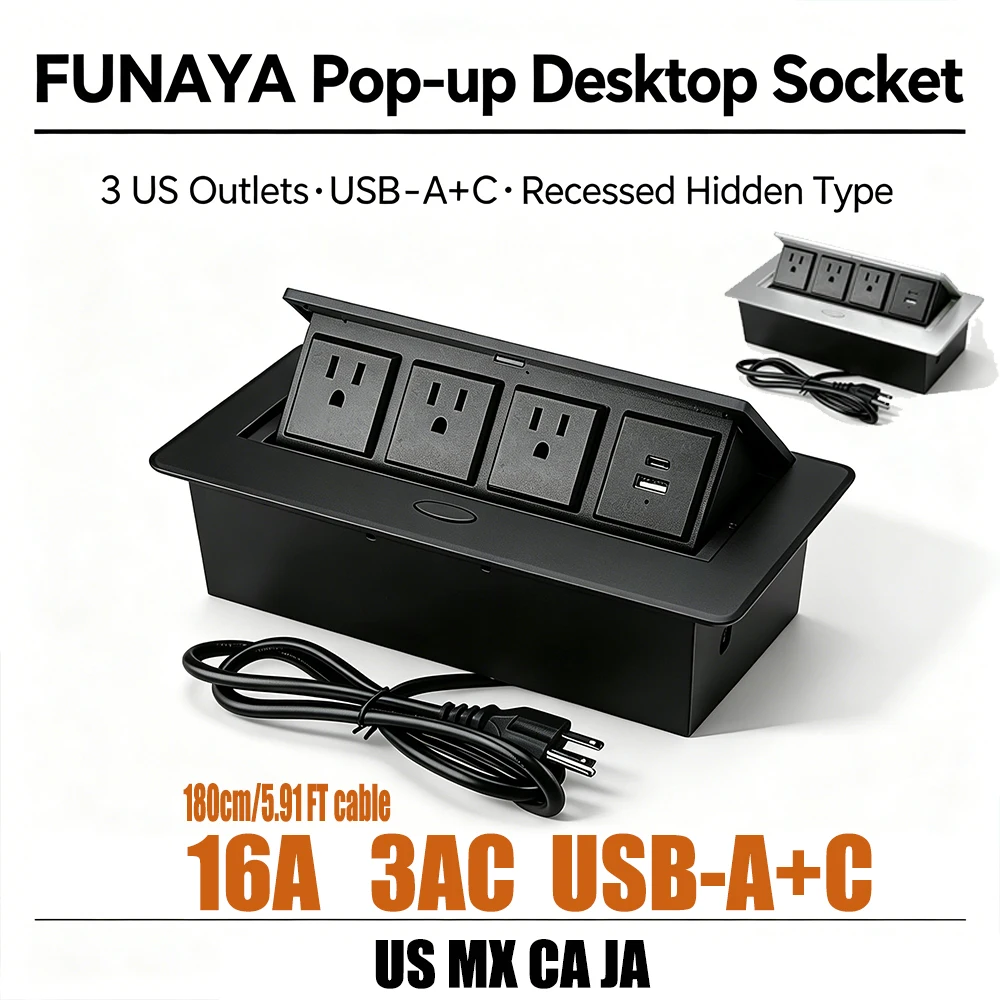 

FUNAYA US MX CA JAPAN Hidden Desktop Built-in Sockets USB-A C Desktop Embedded Recessed outlets with Extension Wire AC110~250V