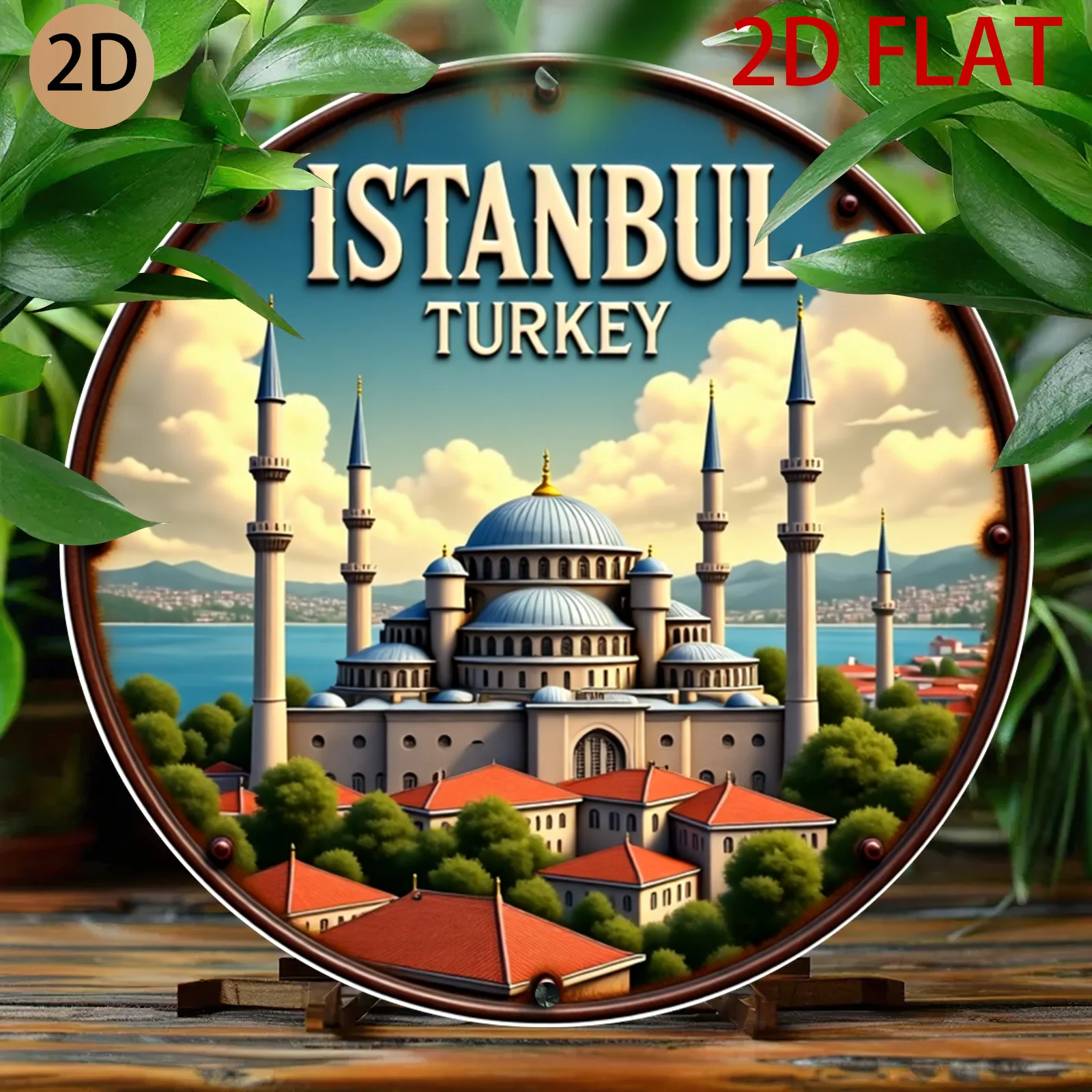 2D Flat, 2d Flat Circular Logo Retro Metal Design Istanbul Turkey Theme Wall Art Suitable for Home Office Dining Area or Cafe, 2