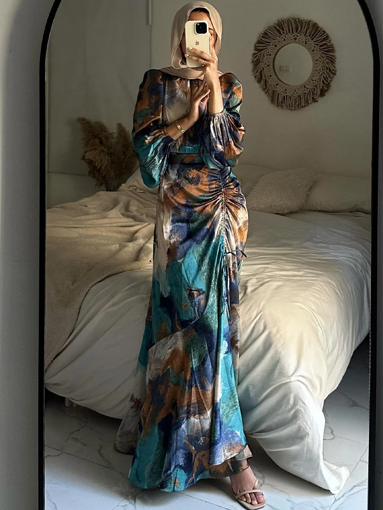 Tie Dye Dress Women Autumn Long Sleeve Colorful Printed Long Dresses Female Elegant Abaya Dubai Turkey Muslim Slim Robe Vestidos