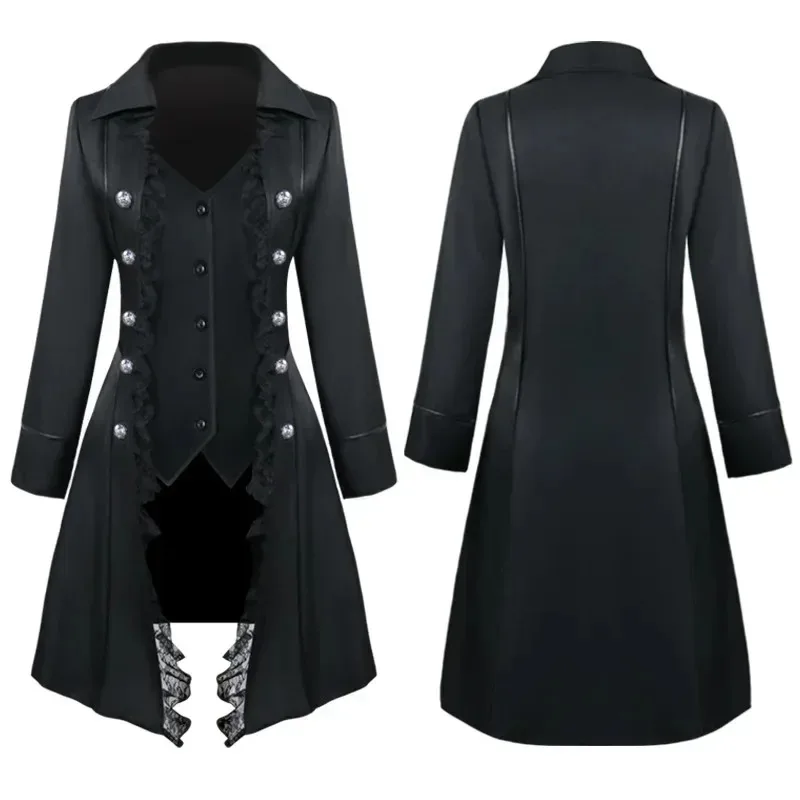 Abito medievale da donna Steampunk Pirata Costumi Cosplay Lace Trim Giacca monopetto Cappotto Abbigliamento gotico vittoriano cm;5
