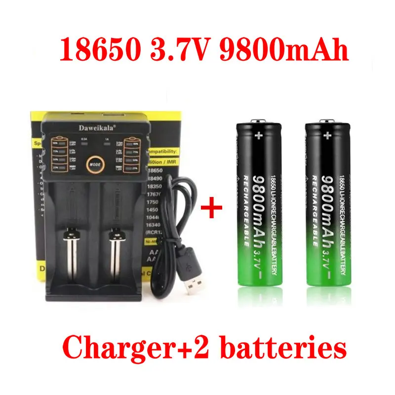 2023 New 18650 Battery High Quality 9800mAh 3.7V 18650 Li-ion Batteries Rechargeable Battery for Flashlight Torch +Charger Fan