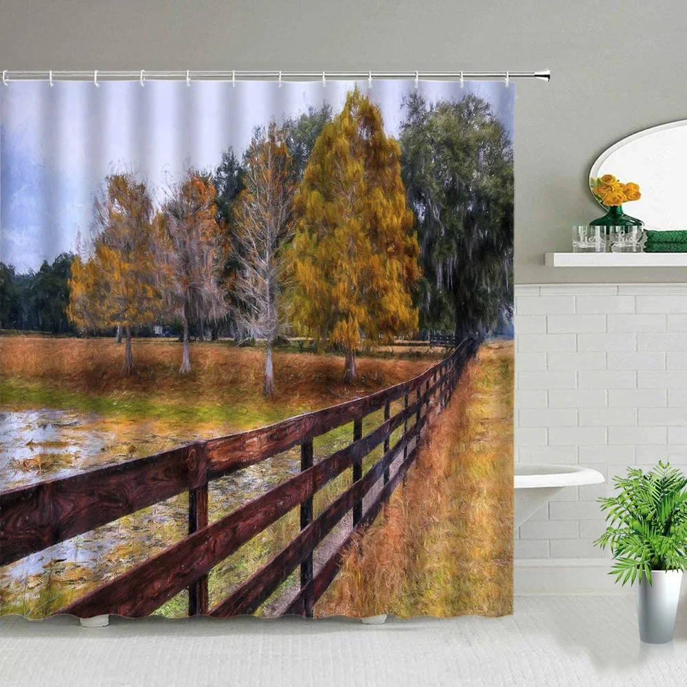 Oil Painting Landscape Fabric Shower Curtains Dream Forest Rural Farm Trees Scenery Bathroom Curtain Set Bath Screen With Hooks