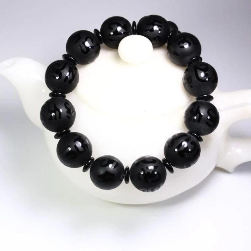 Natural Black Agate Six Words Motto Bracelet Ethnic Style round Beads Men and Women Couple Style Hand Accessory Bracelet