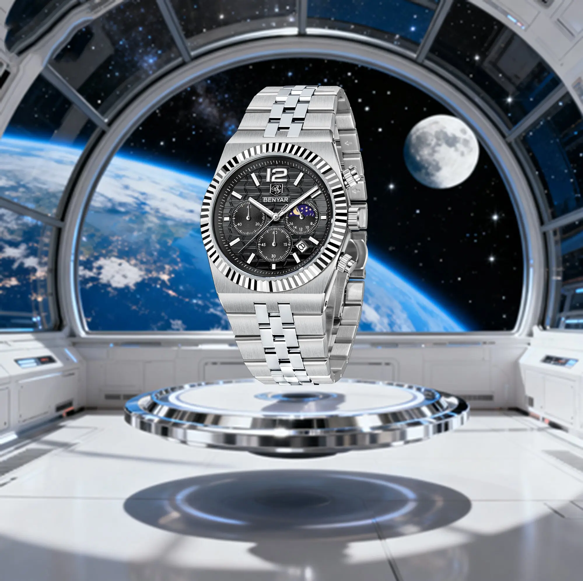 BENYAR 2026 Men Quartz Watch Commercial Classic Black With White With Hardlex Mirror Moon Phase Luminous Watch Butterfly Buckle