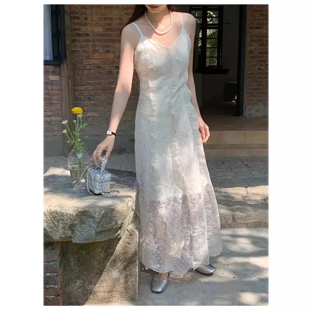 Gentle Lace Embroidered Suspender Long Skirt 2024 Summer New Solid Color Hollowed Out Ruffle Edge Dress for Women