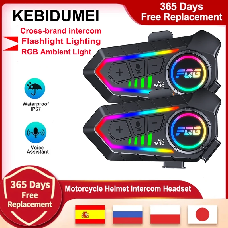 KEBIDUMEI Y10 MAX Motorcycle Intercom Helmet Headset For 2 Riders Wireless Motor Headset Bike Earphone with RGB Ambient Light