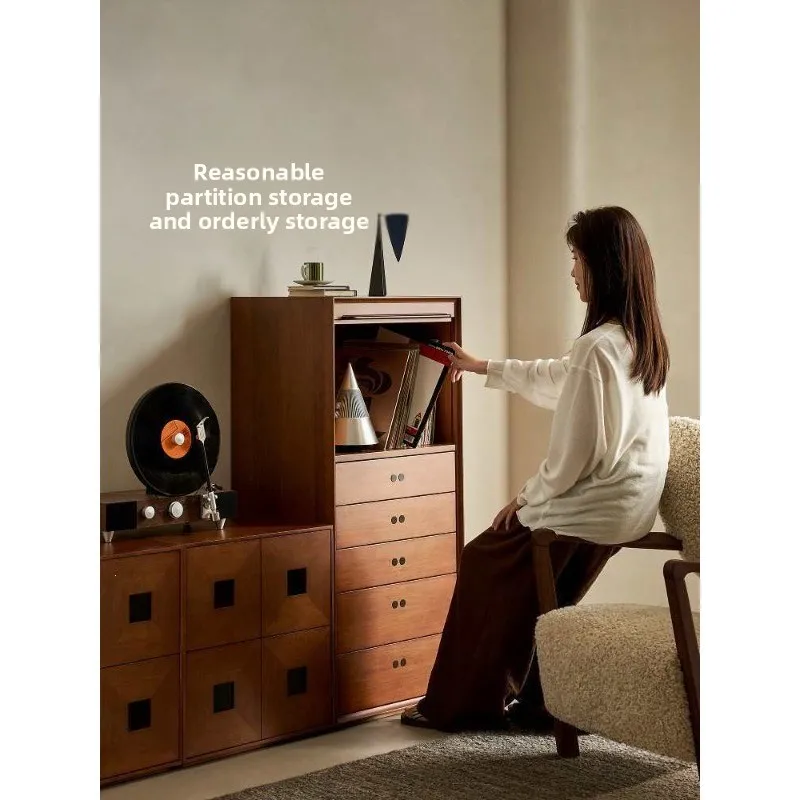 Solid wood retro retractable rolling shutter door dining side cabinet, living room storage medieval side cabinet