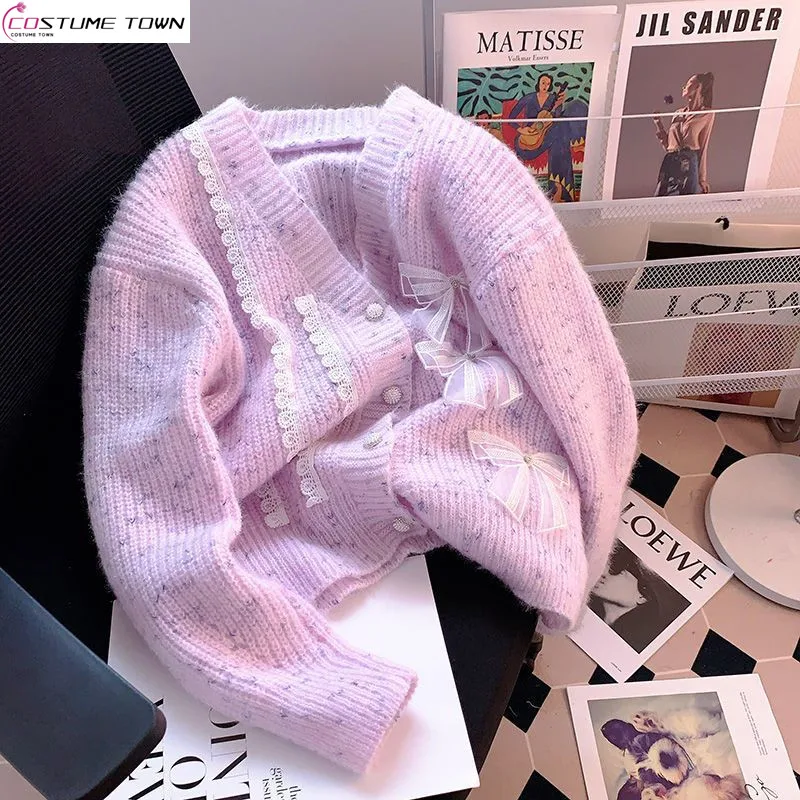 

Purple Knitted Cardigan 2024 Spring and Autumn New Style Lazy Style Lace Bow Sweet Knitted Sweater