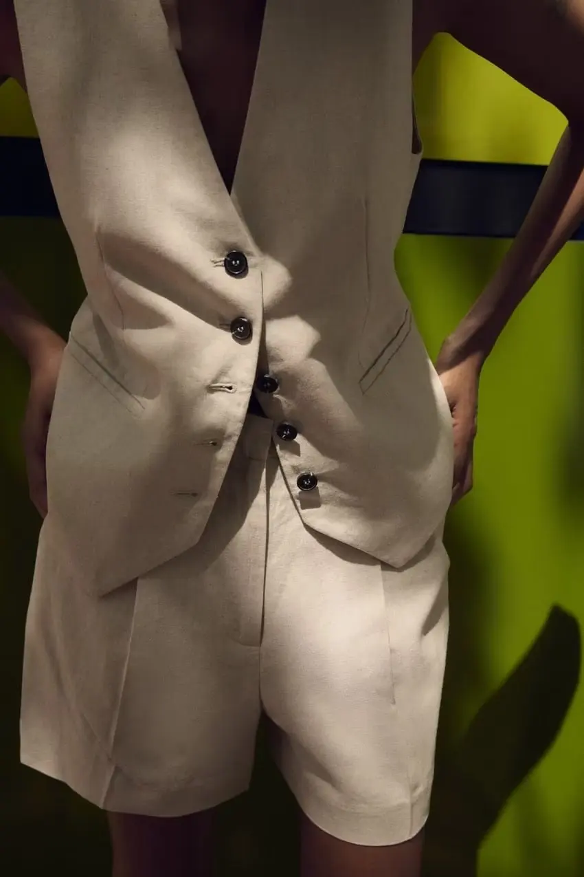 

Новый весенний повседневный комплект с высокой талией и жилетом из смеси полиэстера, льна, модная рабочая одежда, ансамбль 2025 г.