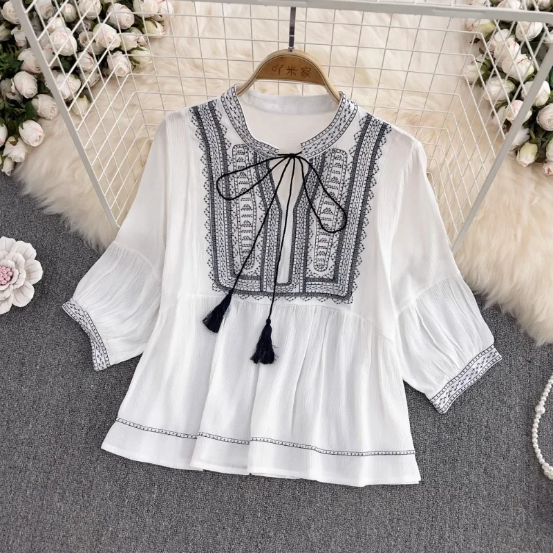 Hikigawa Vintage National Style Embroidery Women Shirts Spring 2024 Casual Loose All Match V Neck Drawstring Blouse Tops Mujer