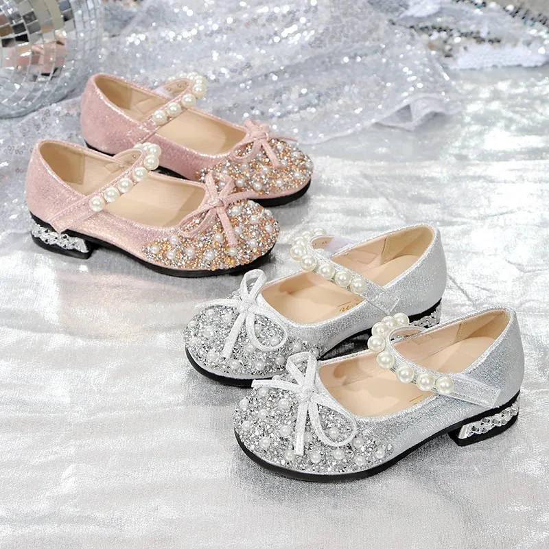 Silver/pink Girls Leather Shoes Non-slip Pearl Bow Spring and Autumn Outdoor PU Girls Casual Leather Shoes Sandalias De Mujer