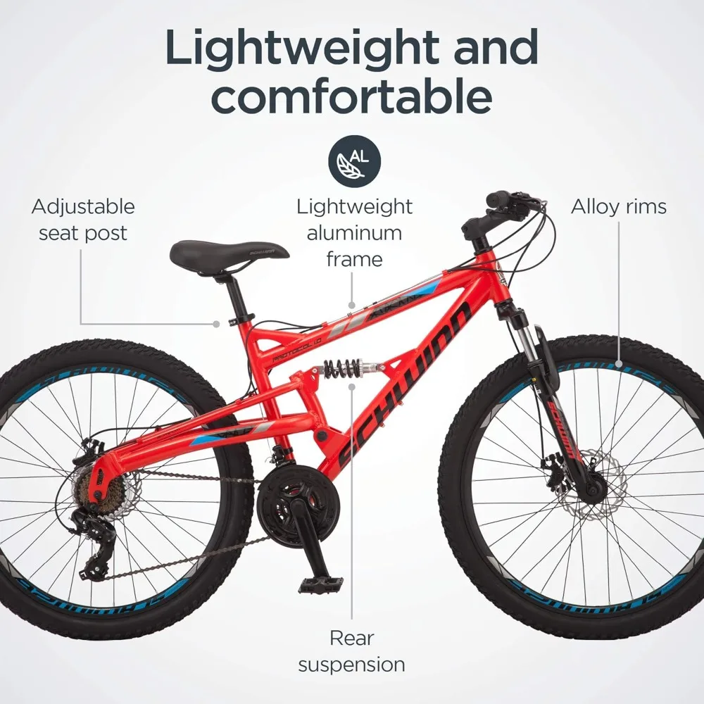 Mountain Bike 26 Wheel Options 21-Speed Drivetrain Lightweight Aluminum Frame Full Suspension Mechanical Disc Brakes