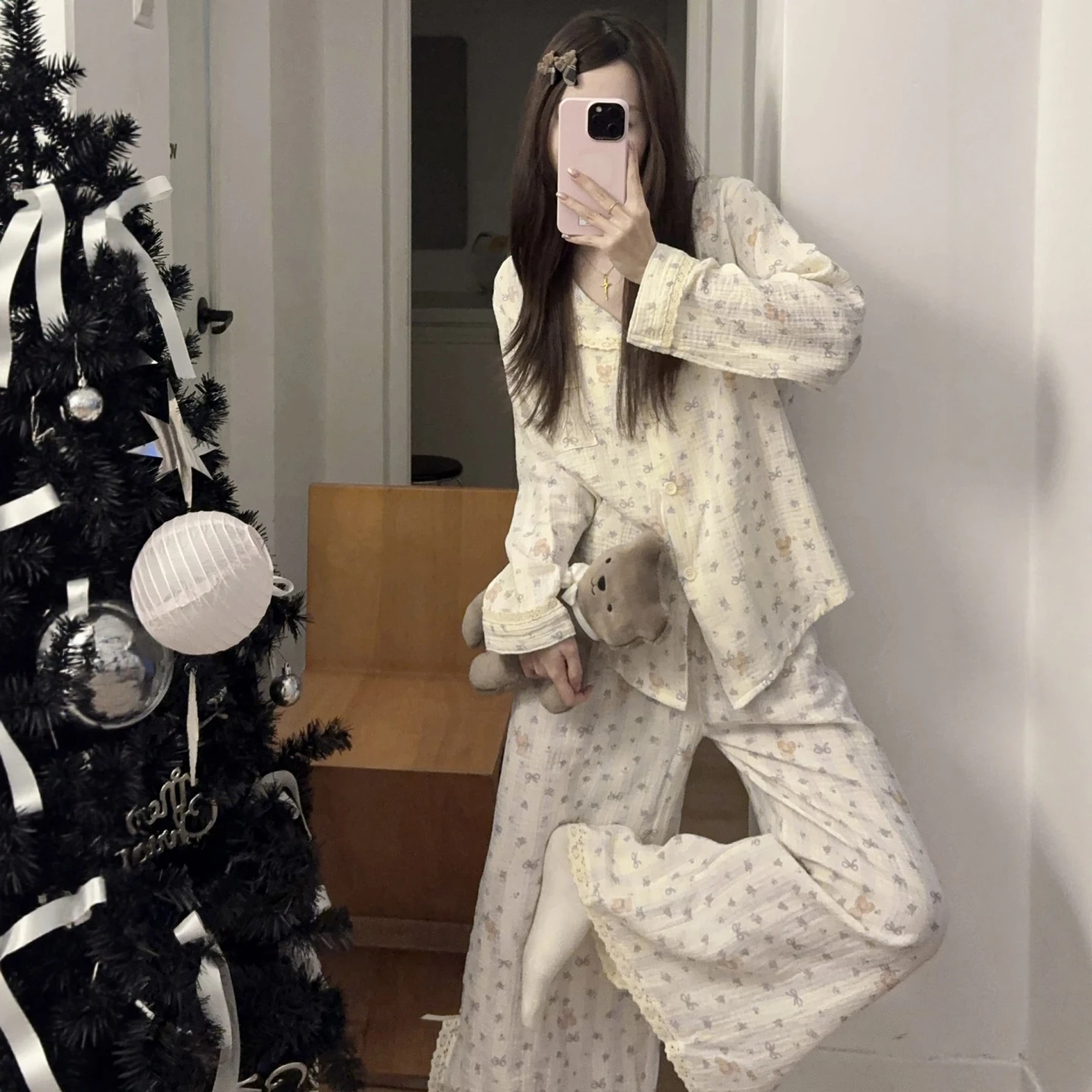 

Cute Bear Pure Cotton Sleepwear Women's Sweet Double Layer Gauze Long Sleeve Long Pants Spring Autumn Home Clothes