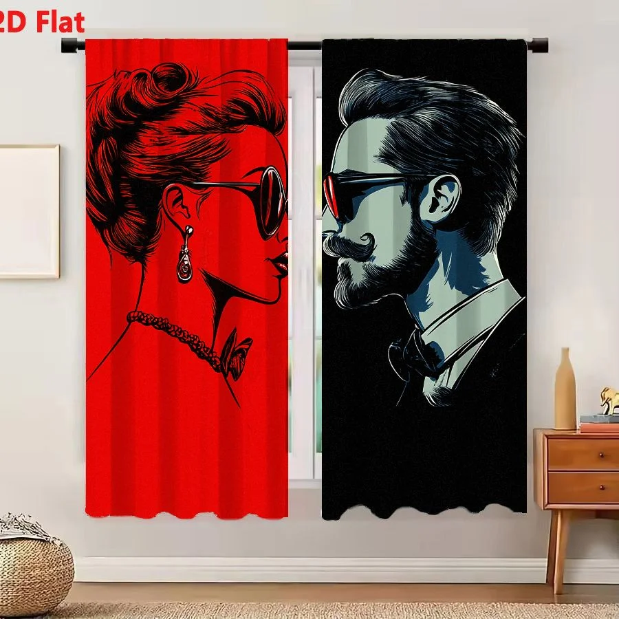2Pcs Curtains Add 2D Flat Stylized Graphic Illustration Of Woman And Man Facing Each Other With Vibrant Red And Stark Black Back