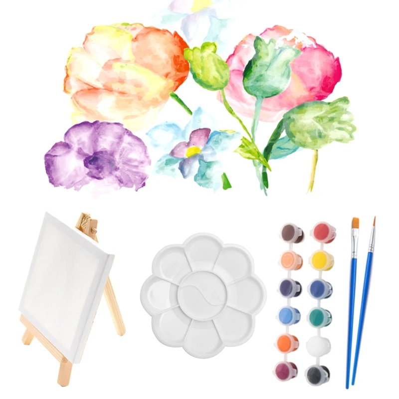 Mini Wooden Easel Kit Art Canvases Painting Kit with Acrylic Paint Painting Brush for Kid Acrylic/Watercolor/Oil Drawing