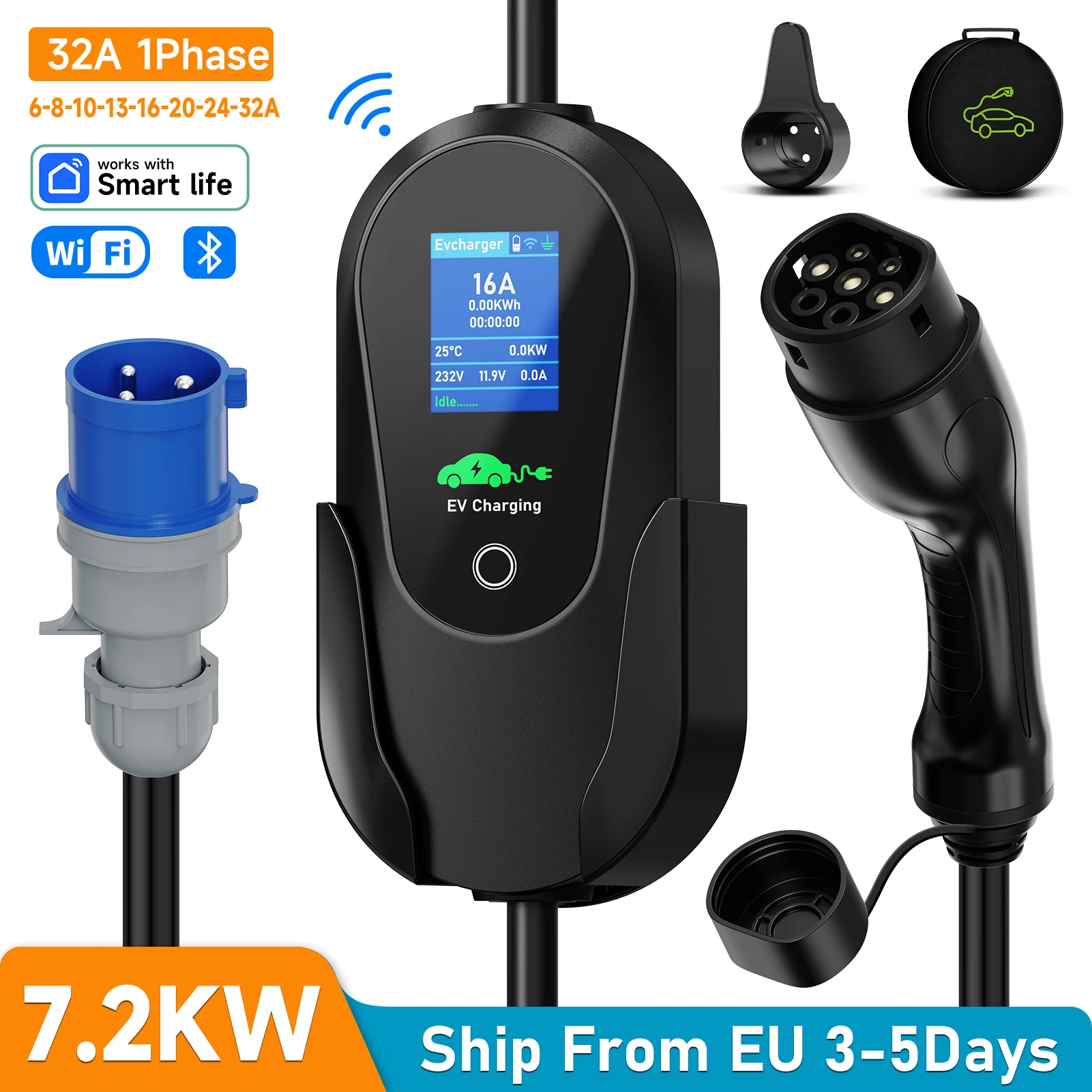 AFEEV Type2 IEC 62196-2 Portable EV Charger 7.2KW 32A 1Phase Wallbox EVSE Fast Charging Cable WiFi APP Bluetooth Remote Control