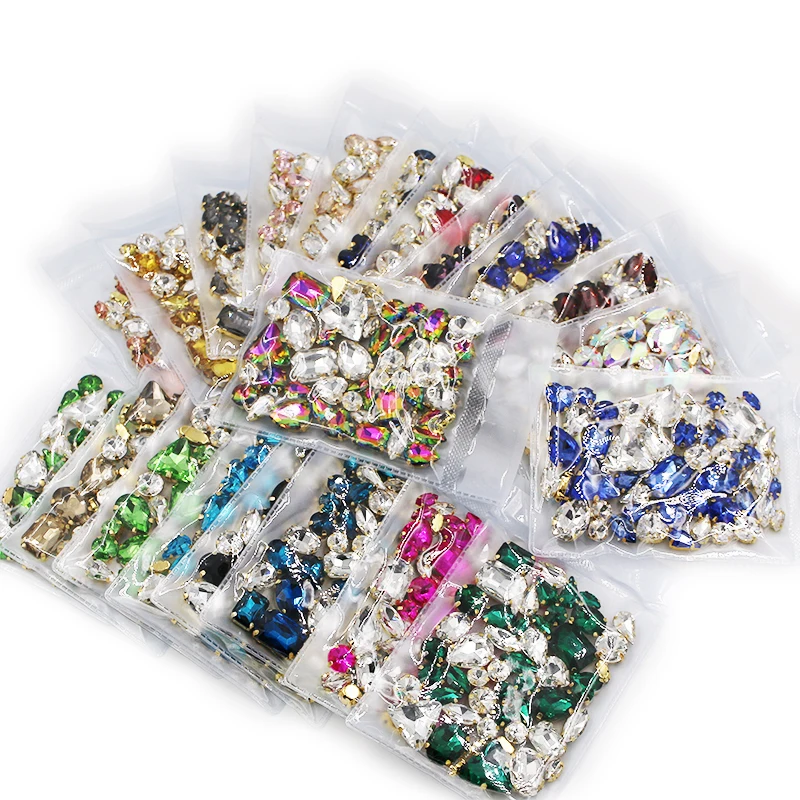 50pcs/Bag Shiny 21Color Matching Mixed Shape Sew on Glass Rhinestone Gold Claw Crystal Diy Wedding Decoration Clothes/Shoe/Dress