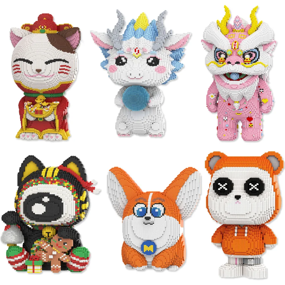 

Big Wealth Cat Magic Building Block Cartoon Dragon Snake Panda Corgi Fox Bear Model Assembled Bricks Toy For Kids Christmas Gift