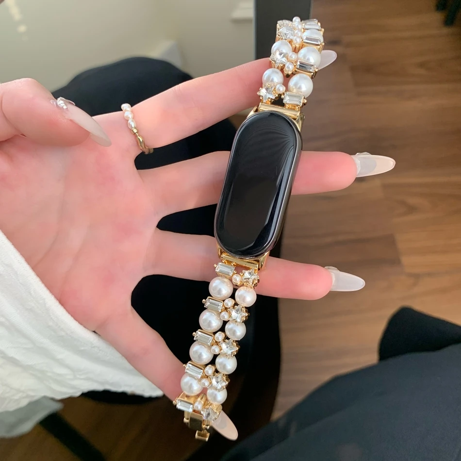 Luxury Star Diamond Pearls Dual Bracelet For Xiaomi Mi Band 10 8 9 Pro Metal Strap For Miband 9Pro 8 Pro Watch Band Wristband