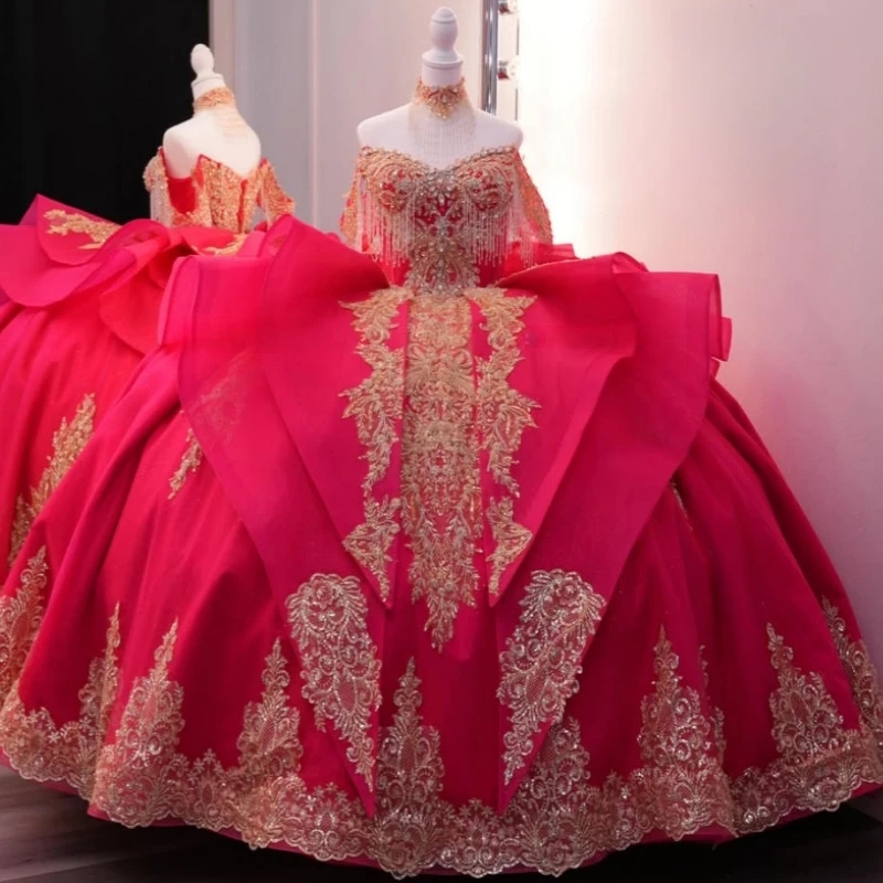 

Red Shiny Ball Gown Quinceanera Dresses Gold Applique Lace Beading Crystal Bow Tull Corset Off The Shoulder Sweet 16 Dress