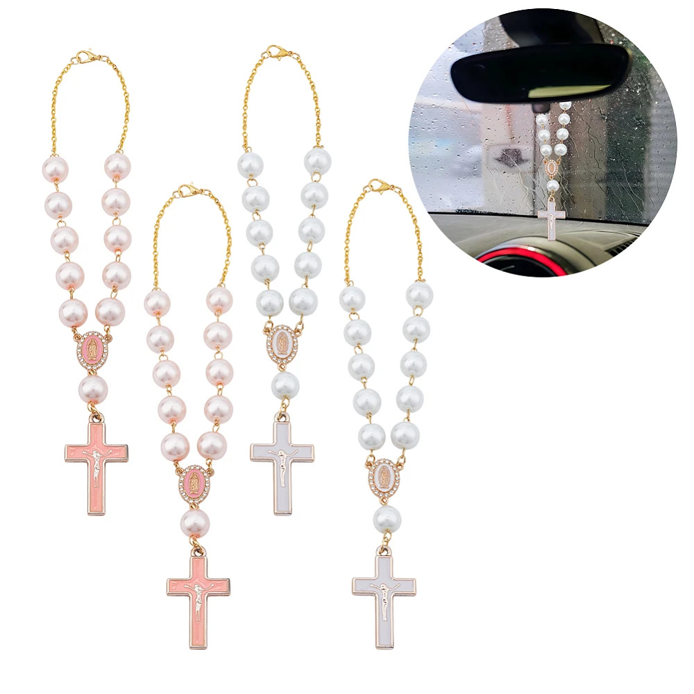 4Pcs Car Hanging Rosary for Rearview Mirror Auto Rosary Pendants with Rose Beads and Charm Cute Car Mirror Hanging Accessories